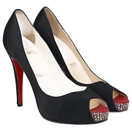 Christian Louboutin-Escarpins à plateforme à bout ouvert ornés de cristaux noirs-Noir