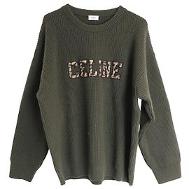 Céline Celine Oversized Leopard Logo Crewneck Sweater In Green Wool Green