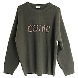 Céline-Celine Oversized Leopard Logo Crewneck Sweater In Green Wool-Green