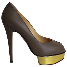 Charlotte Olympia Peep-Toe Platform Pumps in Grey Leather Grey