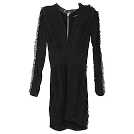 Balmain-Balmain Black Viscose With Ruffled Tulle Trims V-Neck Long Sleeves Mini Dress-Black