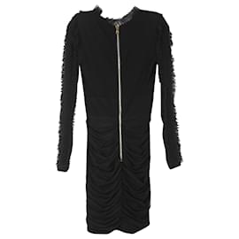 Balmain-Balmain Mini-robe en viscose noire avec bordures en tulle à volants, col en V, manches longues-Noir