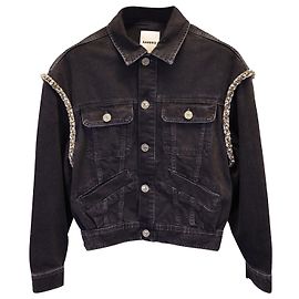 Sandro Paris Jaqueta Jeans Oversized Enfeitada com Strass em Algodão Preto Preto