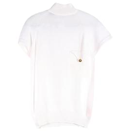 Chanel-Suéter Chanel de algodão branco com gola alta, manga curta e botões de trevo-Branco