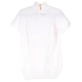 Chanel-Maglione Chanel con bottoni a forma di trifoglio a maniche corte a collo alto in cotone bianco bianco-Bianco