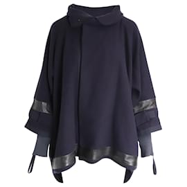 Marni-Marni Leather-Trimmed Cape Jacket in Navy Wool-Navy blue