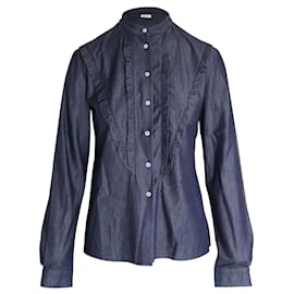 Miu Miu-Camicia Miu Miu con Volant in Cotone Blu-Blu