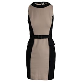 Milly-Milly Belted Sleeveless Dress in Beige and Black Polyester-Beige