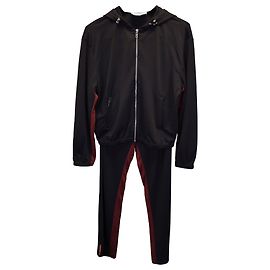 Set giacca con cappuccio e pantaloni sportivi Prada a righe rosse in viscosa nera Nero