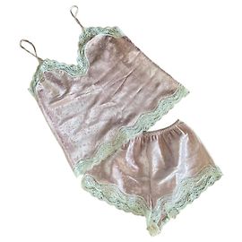 Dior Pajama Set Pink Satin and White Lace Pink