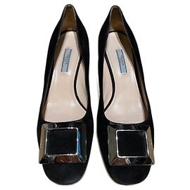 Prada Black Suede Low Heels with Buckle Black