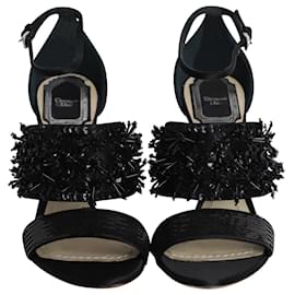 Dior-Christian Dior Diva Sequin Embellished Open Toe Sandals in Black Satin-Black