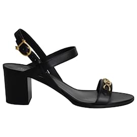 Céline-Celine Triomphe Block Heel Sandals in Black Calfskin Leather-Black