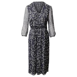 Burberry-Burberry Floral Printed Midi Dress in Navy Blue Silk-Blue,Navy blue