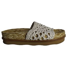 Chloé Wavy Macramé Platform Slides in Beige Raffia Beige