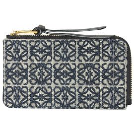 Portamonete e portacarte Loewe Anagram in jacquard blu scuro e pelle nera Altro