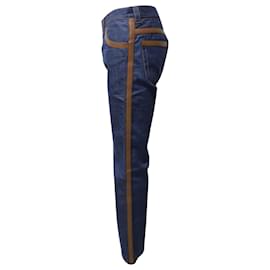 Prada-Prada Denim Leather Trim Straight Leg Jeans in Blue Cotton-Blue