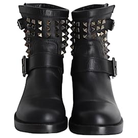 Valentino Garavani-Valentino Garavani Rockstud Biker Boots in Black Calfskin Leather-Black