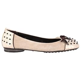 Tod's-Tod's Studded Bow Cap Toe Ballet Flats in Beige Suede-Beige