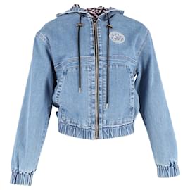 Versace-Versace La Greca Zip Front Hoodie Denim Jacket in Blue Cotton-Blue