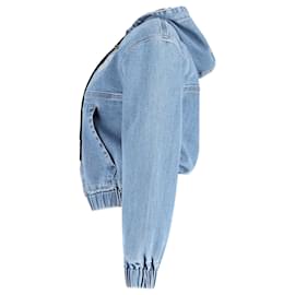 Versace-Versace La Greca Zip Front Hoodie Denim Jacket in Blue Cotton-Blue