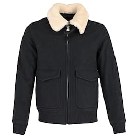 Sandro-Sandro Shearling Collar Aviator Jacket in Black Wool-Black