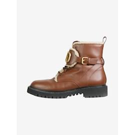 Valentino-Brown fur lined lace up boots with brand logo - size EU 41-Brown