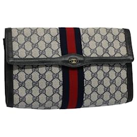 Gucci-GUCCI GG Canvas Sherry Line Clutch Bag Gray Red Navy 41 014 3087 30 auth 54692-Red,Grey,Navy blue