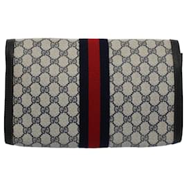 Gucci-GUCCI GG Canvas Sherry Line Clutch Bag Gray Red Navy 41 014 3087 30 auth 54692-Red,Grey,Navy blue