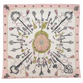 Hermès-HERMES CARRE 90 LES CLES Scarf Silk Pink White Auth 54380-Pink,White