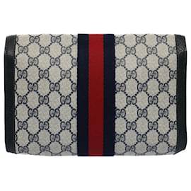 Gucci-GUCCI GG Canvas Sherry Line Clutch Bag Gray Red Navy 89 01 006 auth 54747-Red,Grey,Navy blue