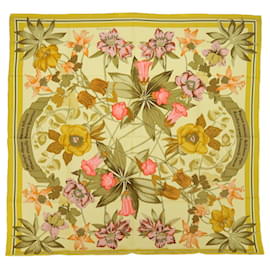 Hermès-HERMES CARRE 90 Fleurs d'Hellade Scarf Silk Yellow Auth ac2221-Yellow