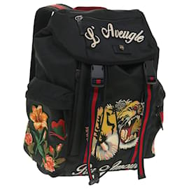 Gucci-GUCCI Embroidered Tiger Web Sherry Line Backpack Nylon Black 429037 Auth 55638A-Black
