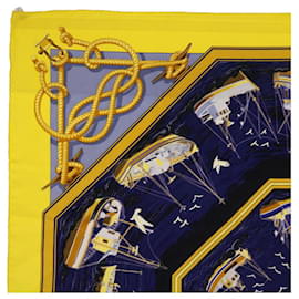 Hermès-HERMES CARRE 90 Cachecol RETOUR DE PECHE Seda Amarelo Marinho Auth ac2222-Amarelo,Azul marinho
