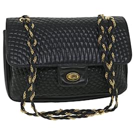 Bally-BALLY Chain Shoulder Bag Leather Black Auth bs8587-Black