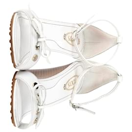 Tod's-Tod's Bow Detail Wedge Sandals in White Leather-White