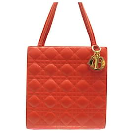 Christian Dior-CHRISTIAN DIOR LADY HANDBAG SMALL TOTE CANNAGE LEATHER RED CORAL BAG-Red