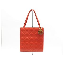 Christian Dior-CHRISTIAN DIOR LADY HANDBAG SMALL TOTE CANNAGE LEATHER RED CORAL BAG-Red