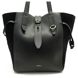 Furla-BOLSA FURLA NET 215042 EM COURO PRETO E BOLSA DE COURO E CAMURÇA-Preto