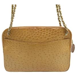 Chanel-BORSA A MANO VINTAGE CHANEL CAMERA CROSSBODY IN PELLE DI STRUZZO BORSA A MANO IN PELLE ORO-Beige