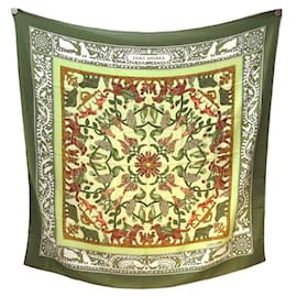 Hermès-HERMES EARLY AMERICA PERRIERE CHALE IN CASHMERE AND GREEN SILK SCARF SHAWL-Green
