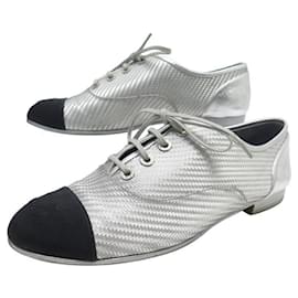 Chanel-NEW CHANEL G SHOES32843 Richelieu 39.5 Item 40.5 FR BRAIDED CANVAS SHOES-Silvery