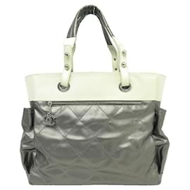 Chanel-CHANEL BIARRITZ GM HANDBAG IN LEATHER & SILVER CANVAS QUILTED TOTE BAG-Silvery