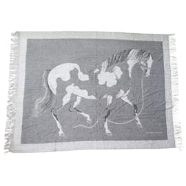 Hermès-NEW HERMES PLAID BLANKET WITH HORSE FRINGES 150x200CM CASHMERE BLANKET-Grey