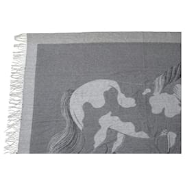 Hermès-NUEVA MANTA A CUADROS HERMES CON FLECOS DE CABALLO 150X200MANTA DE CASHMERE CM-Gris