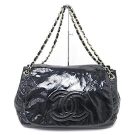 Chanel-SAC A MAIN CHANEL VINYL ROCK & CHAIN LOGO CC CUIR VERNIS BANDOULIERE BAG-Noir