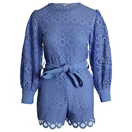 Maje-Maje Belted Lace Romper in Blue Polyester-Blue