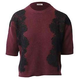 Valentino Garavani-Valentino Garavani Lace-Trimmed Knit Top in Burgundy Red Wool-Dark red