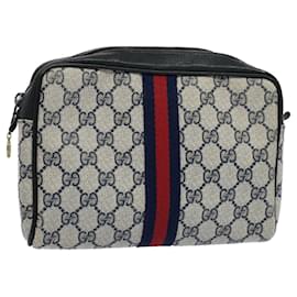 Gucci-GUCCI GG Canvas Sherry Line Clutch Bag Gray Red Navy 010 378 auth 54723-Red,Grey,Navy blue
