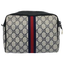Gucci-GUCCI GG Canvas Sherry Line Clutch Bag Gray Red Navy 010 378 auth 54723-Red,Grey,Navy blue
